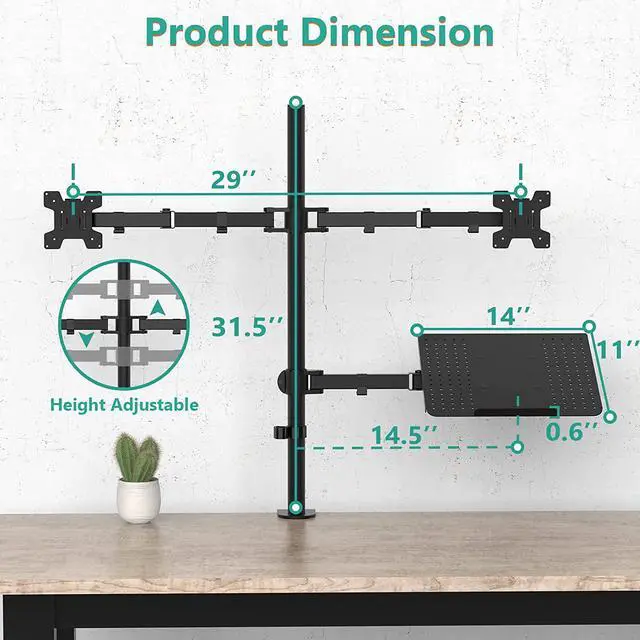 Alt view image 5 of 7 - WALI Dual Monitor Stand, Laptop and Monitor Stand for 2 Screen 1 Laptop Notebook, Extra Tall Desk Mount for Monitor up to 27 inch, Notebook up to 17 inch (M002XLLP), Black