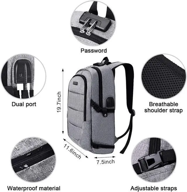 Alt view image 3 of 7 - Laptop Backpack for Men & Women, Anti Theft Waterproof Backpack with USB Charging Port, Travel Business Backpack Fits Under 15.6-Inch Laptop Notebook