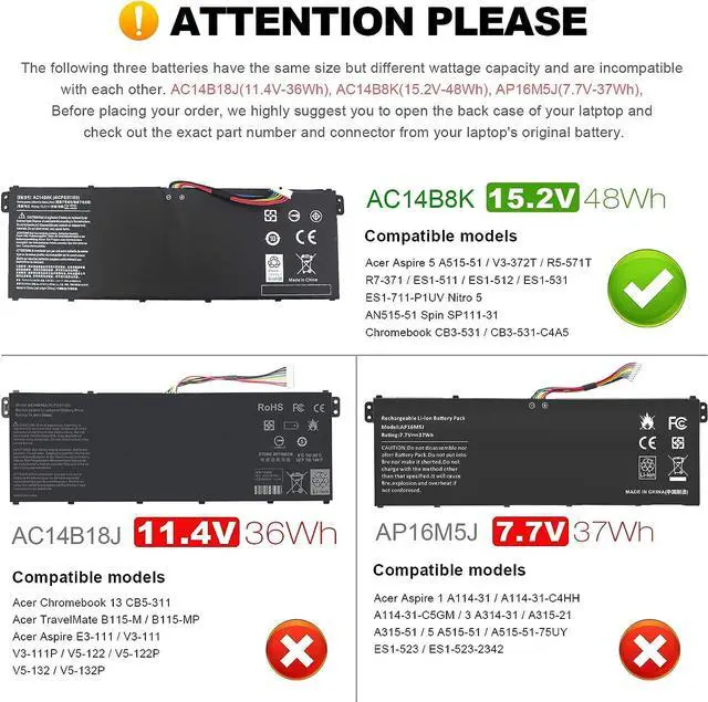 Alt view image 2 of 7 - TREE.NB AC14B8K Battery for Acer CB3-111 V3-371 E3-111 E3-112 ES1-111 ES1-131 ES1-311 ES1-331 ES1-511 ES1-512 ES1-520 ES1-521 ES1-531 ES1-731 E5-771 R3-131T R5-431T R5-471T R7-371T R7-372T