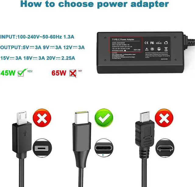 Alt view image 2 of 7 - HP Chromebook Charger Replacement : Universal 45W Type C USB C Chromebook Charger Laptop for HP Chromebook X360 14 Charger, Lenovo Dell Samsung Google Asus Acer Chromebook Charger, Power Cord Adapter