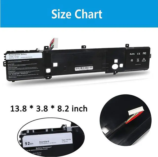 Alt view image 3 of 7 - 2F3W1 Battery for Dell Alienware 15 Alienware 15 R2 Alienware 17 R3 Series 02F3WI 191YN [14.8V 92Wh Emaks