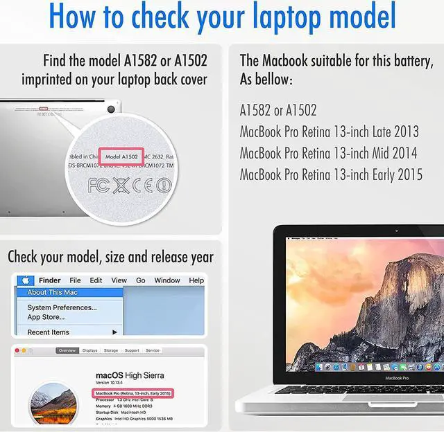 Alt view image 2 of 7 - NinjaBatt Battery A1502 A1582 for Apple MacBook Pro Retina 13 A1493 [Early 2015 Mid 2014 Late 2013] - Long Lasting [71.8Wh/11.43V]