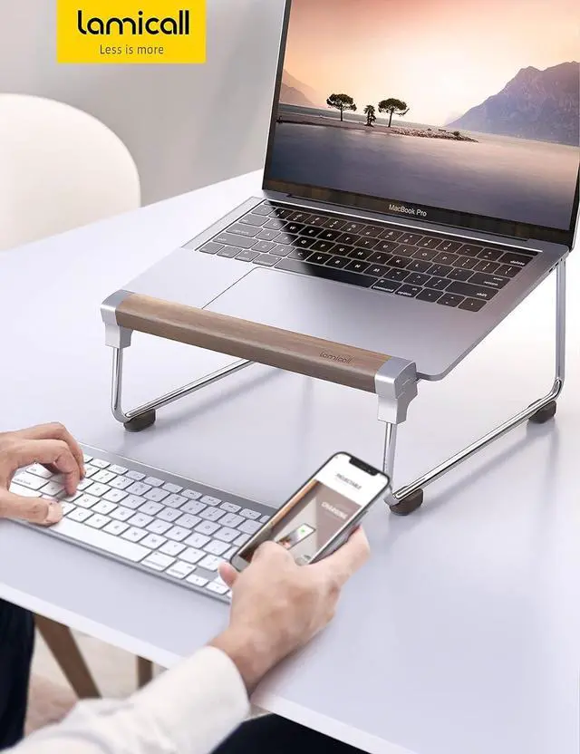 Alt view image 7 of 7 - Laptop Stand Desk Walnut Wood Laptop Riser Portable Removable Aluminum Ventilated Ergonomic Computer Notebook Stand Holder Elevator for MacBook Air Pro  XPS HP (10-16) - Silver