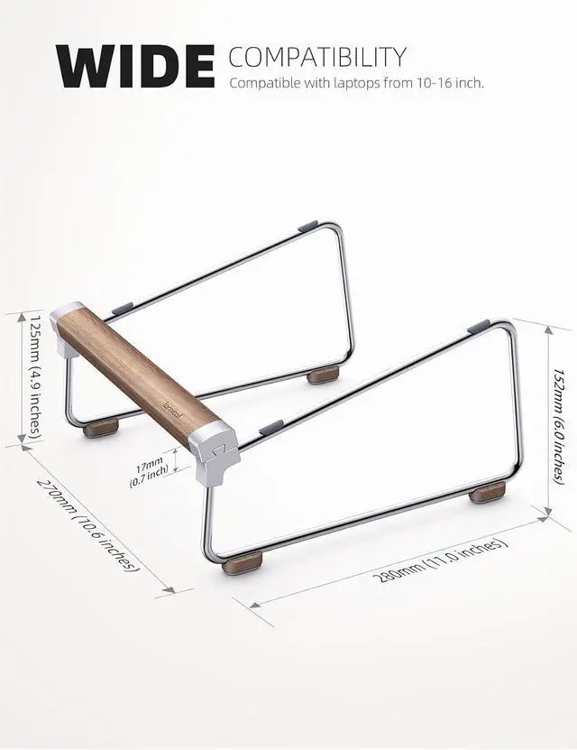 Alt view image 5 of 7 - Laptop Stand Desk Walnut Wood Laptop Riser Portable Removable Aluminum Ventilated Ergonomic Computer Notebook Stand Holder Elevator for MacBook Air Pro  XPS HP (10-16) - Silver