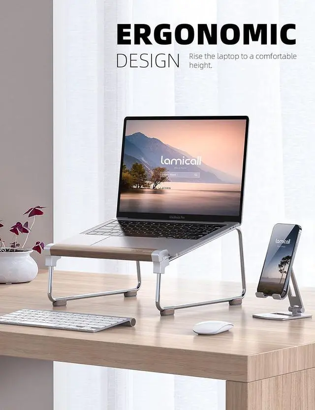 Alt view image 3 of 7 - Laptop Stand Desk Walnut Wood Laptop Riser Portable Removable Aluminum Ventilated Ergonomic Computer Notebook Stand Holder Elevator for MacBook Air Pro  XPS HP (10-16) - Silver