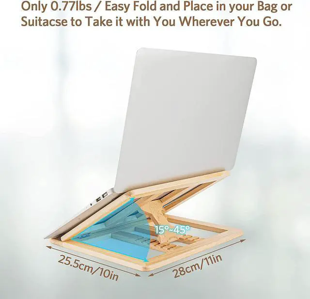 Alt view image 3 of 7 - Wooden Laptop Stand for Desk with Free Phone Holder, Foldable and Adjustable Ergonomic Laptop Riser for 10-15.6 Inch Notebooks, Portable MacBook Stand (Natural Wood, Universal Fit)