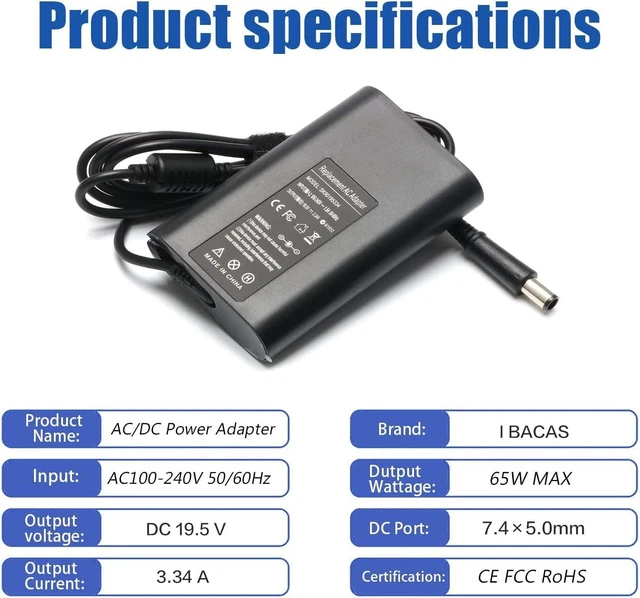 Alt view image 3 of 7 - Laptop Charger 65W for Dell Latitude 7490 7400 7480 5400 5490 5500 5590 5480 5580 3310 7290 5290 E5470 E5440 E5570 E7250 E7450 E6540 E7440 E6440 E6430 Power Cord Supply Computer Ac Adapter Replacement