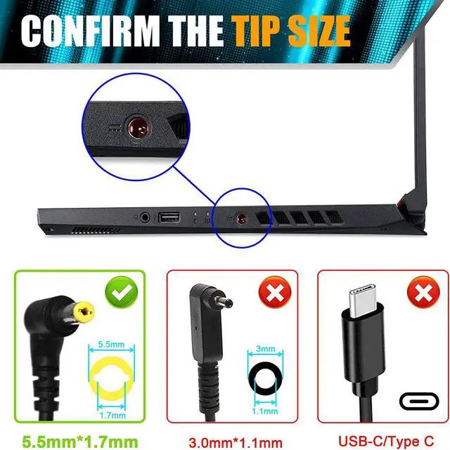 Alt view image 3 of 7 - 135W Laptop Charger for Acer Nitro 5 AN515-51 AN515-41 AN515-53 AN515-54 AN515-55 AN515-54 AN517-51 AN517-52 AN715-51 A715-52 S40-51 S40-52 ConceptD Series Adapter Power Supply Cord