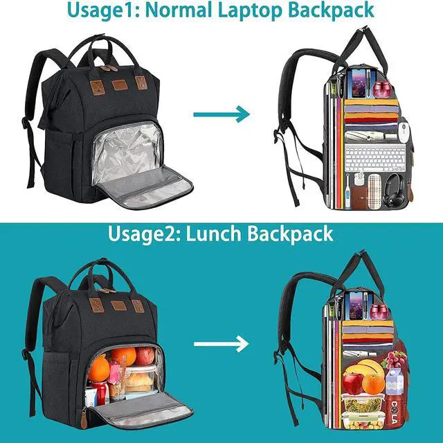Alt view image 3 of 7 - Gifts for Him Her, Extra Large Lunch Backpack, 17 Inch Travel Laptop Backpack for Women Men, USB Port Large Bookbag, Insulated Cooler Backpack Lunch Box Nurse Work Backpacks, Black