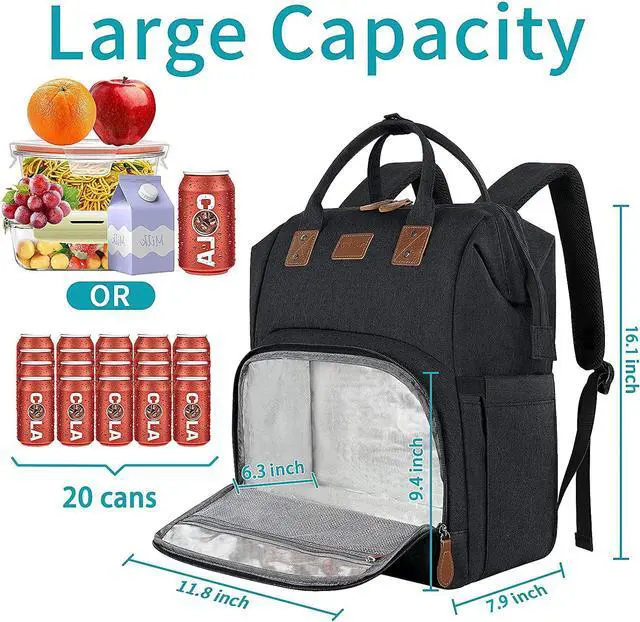 Alt view image 2 of 7 - Gifts for Him Her, Extra Large Lunch Backpack, 17 Inch Travel Laptop Backpack for Women Men, USB Port Large Bookbag, Insulated Cooler Backpack Lunch Box Nurse Work Backpacks, Black