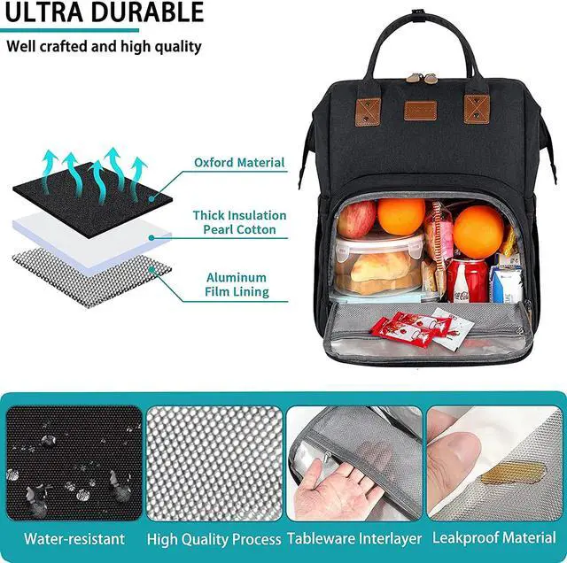 Alt view image 7 of 7 - Gifts for Him Her, Extra Large Lunch Backpack, 17 Inch Travel Laptop Backpack for Women Men, USB Port Large Bookbag, Insulated Cooler Backpack Lunch Box Nurse Work Backpacks, Black