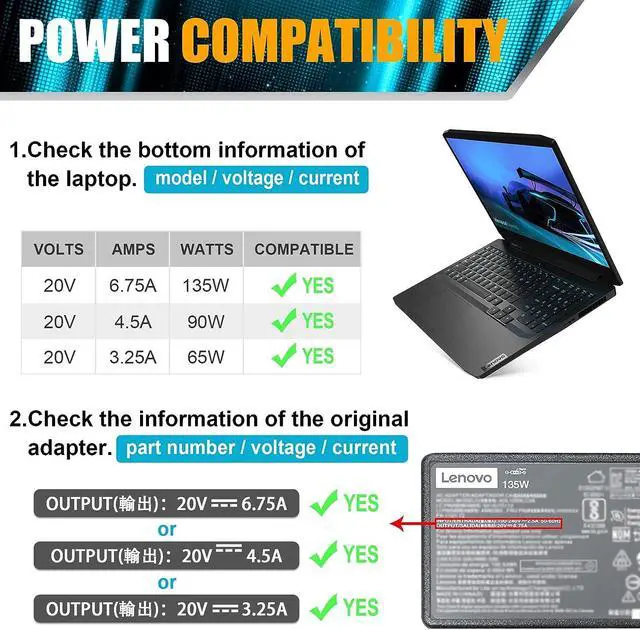 Alt view image 3 of 7 - 135W 20V 6.75A AC Adapter Charger Compatible with Lenovo Thinkpad T440P T450P T460P T470P T530 T540 T560 ideapad Z710 Y40-70 Y50-70 Y50-70AM-IFI Y70-70 Y700 ADL135NDC3A Power Cord