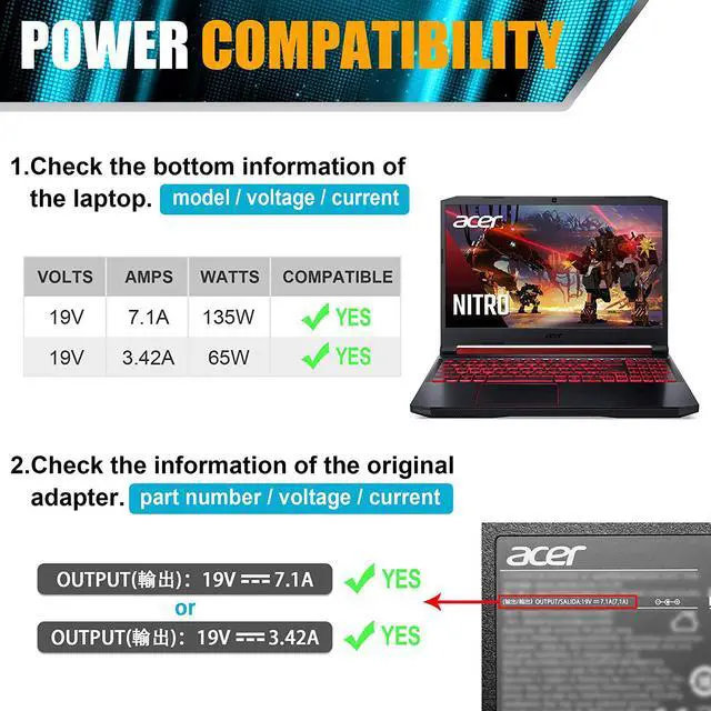 Alt view image 4 of 7 - 135W Laptop Charger for Acer Nitro 5 AN515-51 AN515-41 AN515-53 AN515-54 AN515-55 AN515-54 AN517-51 AN517-52 AN715-51 A715-52 S40-51 S40-52 ConceptD Series Adapter Power Supply Cord