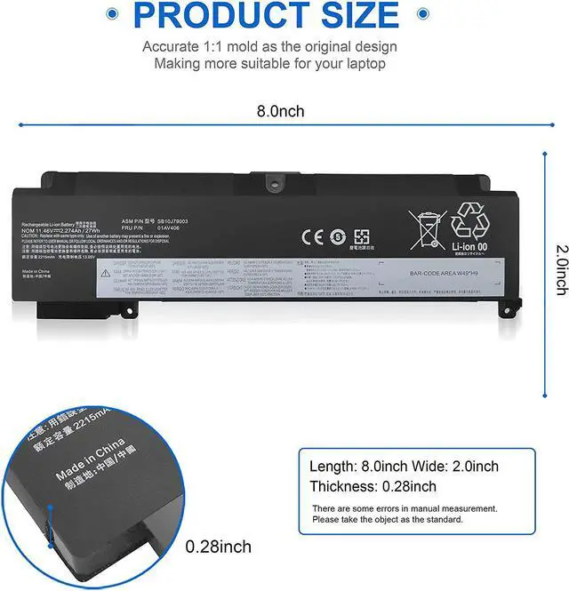 Alt view image 3 of 7 - 01AV406 Laptop Battery Replacement for Lenovo ThinkPad T460S T470S Series Notebook Internal 01AV405 00HW025 SB10J79003 00HW038 00HW024 01AV462 01AV407 01AV408 11.46V 27Wh 2274mAh 3-Cell