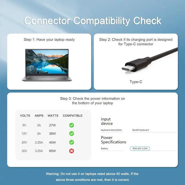 Alt view image 3 of 7 - 45W USB-C Charger Fit for Samsung Chromebook 4 4+ XE350XBA XE310XBA XE310XBA-K01US XE350XBA-K05US XE350XBA-K01US XE310XBA-K03US XE350XBA-K03US, Fit for Chromebook 11.6, 15.6 Type C Laptop Power Cord