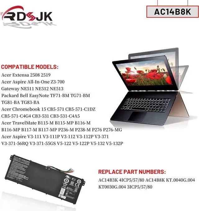 Alt view image 3 of 7 - AC14B8K AC14B3K Laptop Battery for Acer Aspire R3-131T R5-471T R5-571T R7-371T Chromebook CB3-111 CB3-511 CB3-531 CB5-571 Swift 3 SF314-51 SF314-52 Nitro 5 AN515-51 AN515-52 AN515-53 Series 15.2V 48Wh
