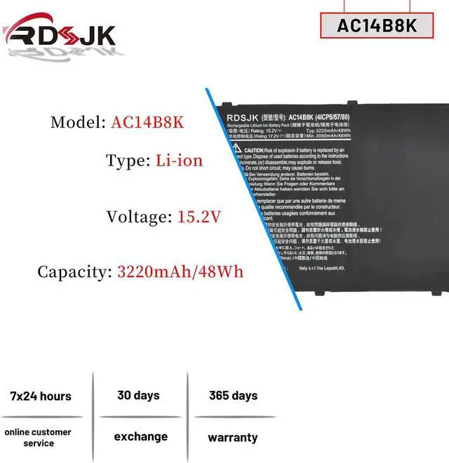 Alt view image 2 of 7 - AC14B8K AC14B3K Laptop Battery for Acer Aspire R3-131T R5-471T R5-571T R7-371T Chromebook CB3-111 CB3-511 CB3-531 CB5-571 Swift 3 SF314-51 SF314-52 Nitro 5 AN515-51 AN515-52 AN515-53 Series 15.2V 48Wh