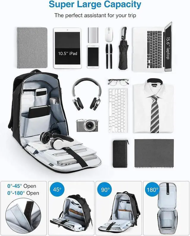 Alt view image 2 of 7 - HOMIEE 15.6 Inch Water Resistant Anti-Theft Laptop Backpack, Travel Backpack with USB Charging Port School Backpack Bookbag for Travel/Business/College/Women/Men, Black
