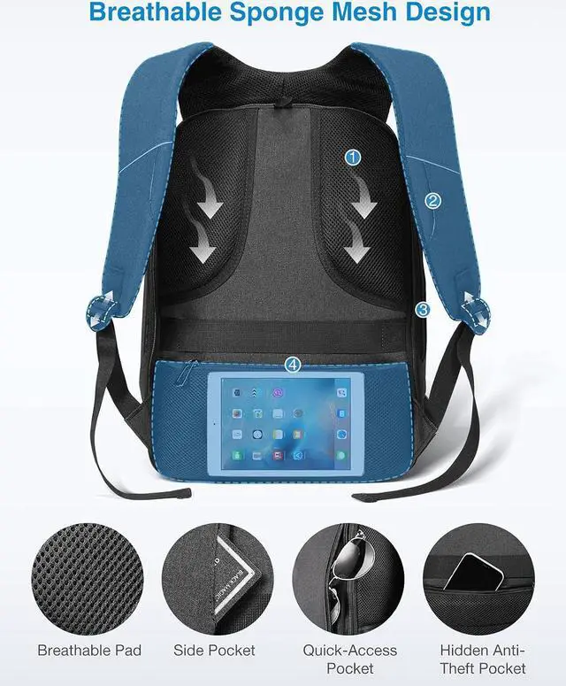 Alt view image 6 of 7 - HOMIEE 15.6 Inch Water Resistant Anti-Theft Laptop Backpack, Travel Backpack with USB Charging Port School Backpack Bookbag for Travel/Business/College/Women/Men, Black