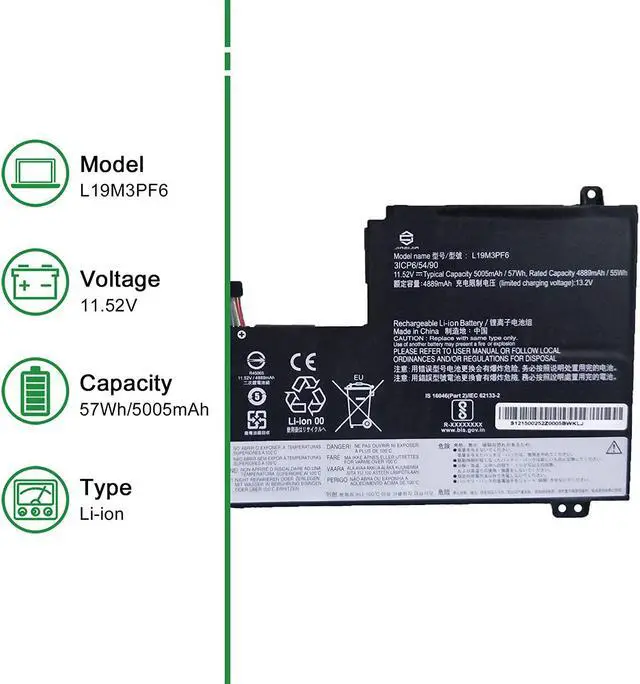 Alt view image 2 of 5 - L19M3PF6 Laptop Battery Replacement for Lenovo IdeaPad 5-15ITL05 5-15ARE05 5-15IIL05 Series SB10W86952 5B10W86944 L19L3PF2 SB10W86961 5B10W86945 L19C3PF5 SB10W86938 5B10W86947 11.52V 57Wh