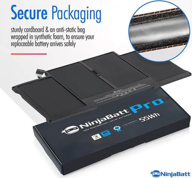 Alt view image 3 of 6 - NinjaBatt Battery A1466 A1496 for Apple MacBook Air 13 Inch [2010 2011 2012 2013 2014 2015 2017 Years] A1369 A1405 A1377 - High Performance [7200mAh/55Wh/7.6V]
