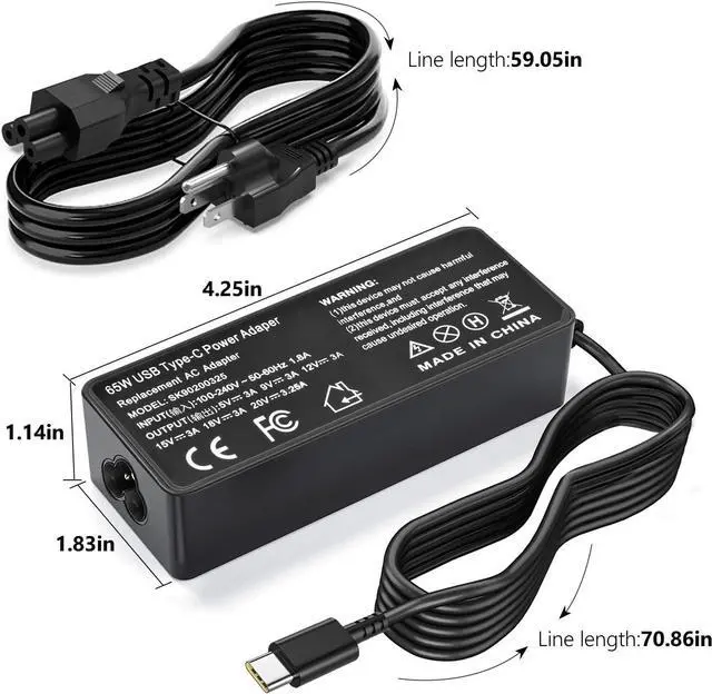 Alt view image 5 of 7 - 65W USB Type C AC Charger Fit for Len-OVO Yoga 720 730 920 S730 C740 C930 C940 C630 ThinkPad T480 T480s T580 T580s E480 E580 Chromebook 100e 300e 500e C330 S330 IdeaPad 730S Laptop Adapter Power Cord