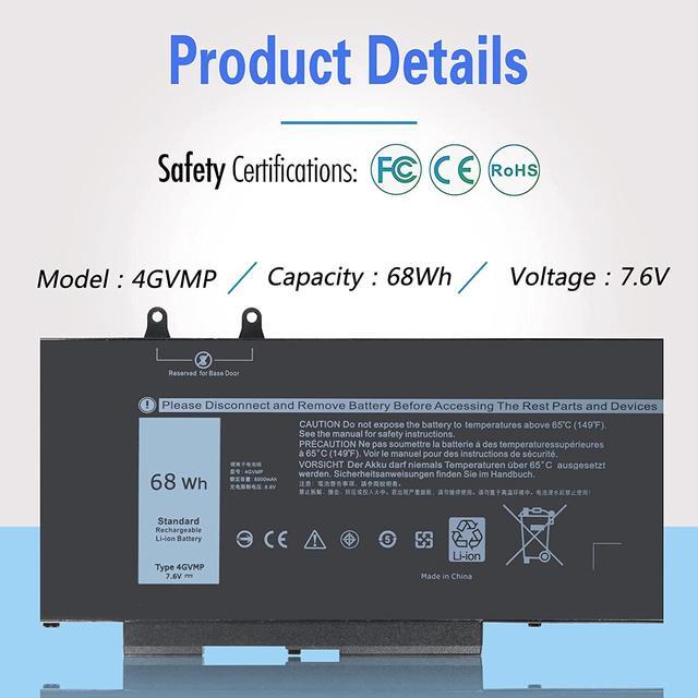 Alt view image 2 of 7 - FSKE 4GVMP Battery 68Wh for Dell Latitude 5400 5500 Inspiron 7590/7591/7791 2-in-1 Precision 3540 3550 Laptop 1V1XF R8D7N 9JRYT RF7WM X77XY C5GV2 MCV1G 7.6V 8500mAh 4-Cell