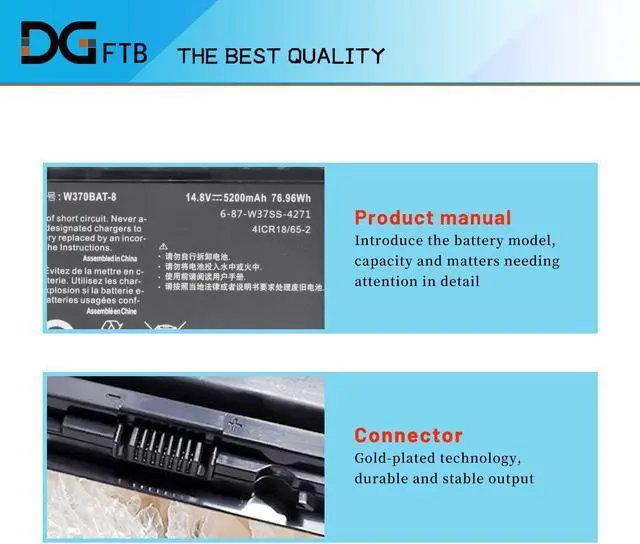 Alt view image 2 of 7 - New W370BAT-8 Laptop Battery for Clevo W350ET W350ETQ W355STQ Schenker XMG A503 A522 A722 Sager NP6350 6370 7358 Gigabyte P2742 Hasee K650S K660E6-87-W370S 6-87-W37ES 6-87-W37SS (14.8V 76.96Wh)