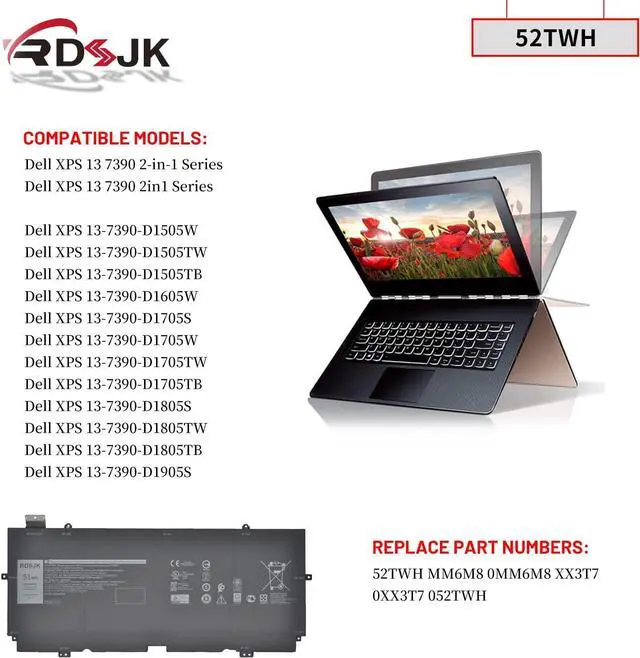 Alt view image 3 of 7 - RDSJK 52TWH Laptop Battery for Dell XPS 13 7390 2-in-1 13.3" Series Notebook P103G P103G001 P103G002 052TWH XX3T7 0XX3T7 MM6M8 0MM6M8 7.6V 51Wh