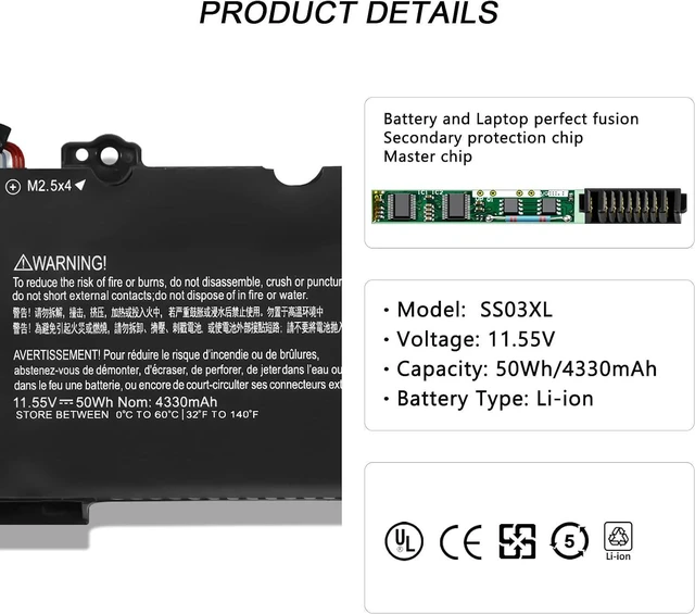 Alt view image 2 of 6 - 50Wh SS03XL Battery Replacement for HP EliteBook 730 735 740 745 755 830 840 846 G5 745 840 G6 ZBOOK 14U G5 G6 Series HSN-I12C HSTNN-LB8G 933321-855 933321-852 932823-421 932823-1C1 4330mAh