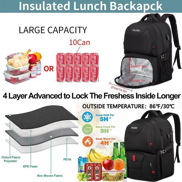 Alt view image 2 of 7 - HILUSEN Extra Large Backpack for Men 50L, Insulated Cooler Lunch Box Backpack, Water Resistant 17inch Travel Laptop Work Bookbag with USB Charging Port,Black
