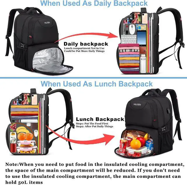Alt view image 4 of 7 - HILUSEN Extra Large Backpack for Men 50L, Insulated Cooler Lunch Box Backpack, Water Resistant 17inch Travel Laptop Work Bookbag with USB Charging Port,Black