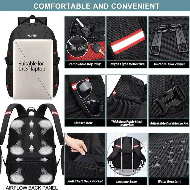 Alt view image 6 of 7 - HILUSEN Extra Large Backpack for Men 50L, Insulated Cooler Lunch Box Backpack, Water Resistant 17inch Travel Laptop Work Bookbag with USB Charging Port,Black