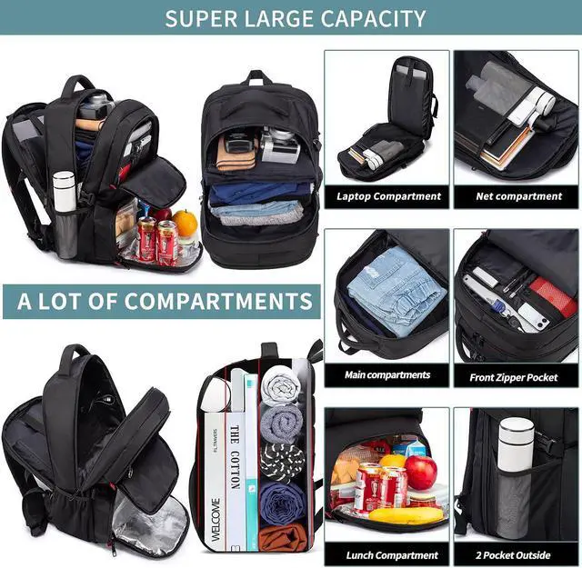 Alt view image 3 of 7 - HILUSEN Extra Large Backpack for Men 50L, Insulated Cooler Lunch Box Backpack, Water Resistant 17inch Travel Laptop Work Bookbag with USB Charging Port,Black