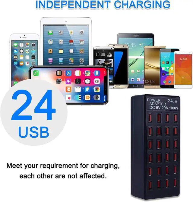 Alt view image 2 of 5 - 24-Port 100W (20 A) USB Charging Station, Home-Sized Desktop USB Fast Charger, Multiple USB Desktop Chargers for Hotels, Schools, Shops, Shopping malls and Travel