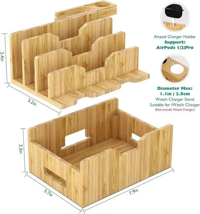 Alt view image 3 of 7 - Bamboo Charging Station forMultipleDevices with Integrated Watch & Earbuds Stand, Desktop Charging Docking Station Organizer for Cell Phone, Tablet, 5 Charging Cables IncludedNo Power Supply