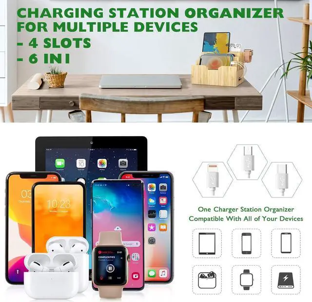 Alt view image 6 of 7 - Bamboo Charging Station forMultipleDevices with Integrated Watch & Earbuds Stand, Desktop Charging Docking Station Organizer for Cell Phone, Tablet, 5 Charging Cables IncludedNo Power Supply