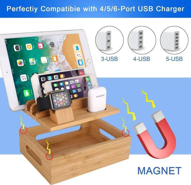 Alt view image 2 of 7 - Bamboo Wood Desktop Organizer Charging Docking Station Charger Holder Cradle Stand Compatible with iPhone 11 Pro Max XS XR iPad Apple Watch 2 3 4 / iWatch 38 & 42mm AirPods & AirPods Pro Smartphones