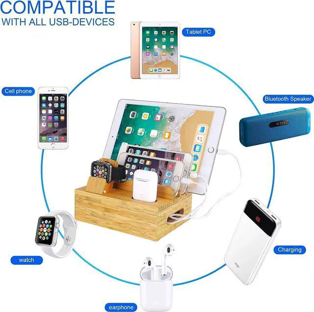 Alt view image 3 of 7 - Bamboo Wood Desktop Organizer Charging Docking Station Charger Holder Cradle Stand Compatible with iPhone 11 Pro Max XS XR iPad Apple Watch 2 3 4 / iWatch 38 & 42mm AirPods & AirPods Pro Smartphones