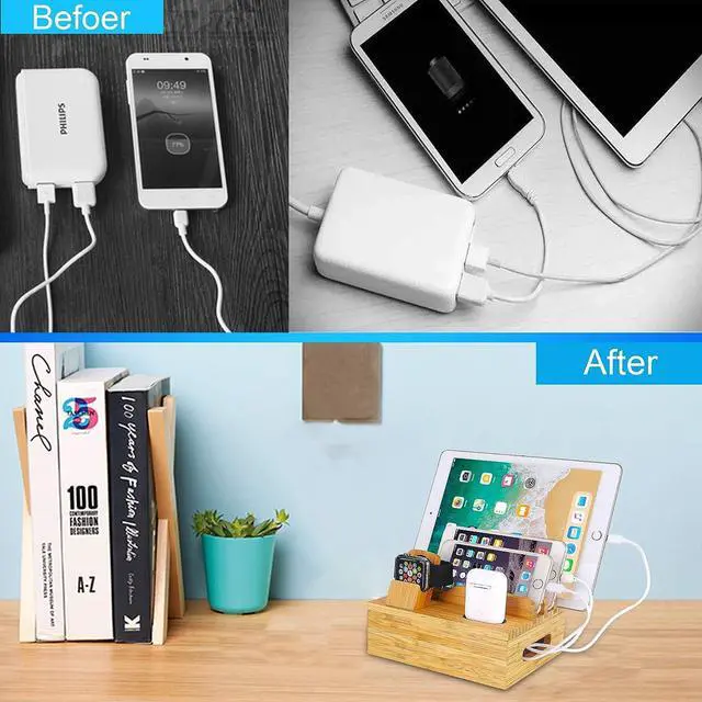 Alt view image 4 of 7 - Bamboo Wood Desktop Organizer Charging Docking Station Charger Holder Cradle Stand Compatible with iPhone 11 Pro Max XS XR iPad Apple Watch 2 3 4 / iWatch 38 & 42mm AirPods & AirPods Pro Smartphones
