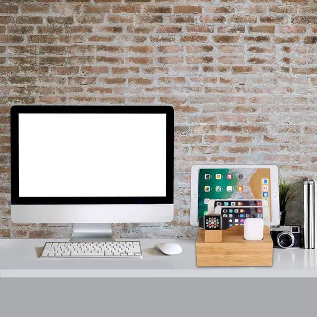 Alt view image 7 of 7 - Bamboo Wood Desktop Organizer Charging Docking Station Charger Holder Cradle Stand Compatible with iPhone 11 Pro Max XS XR iPad Apple Watch 2 3 4 / iWatch 38 & 42mm AirPods & AirPods Pro Smartphones