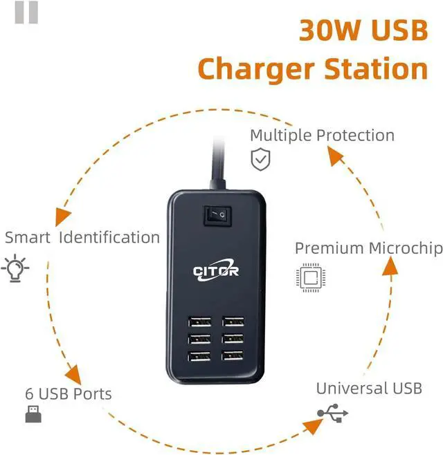 Alt view image 2 of 7 - Multiport USB Charger, 6 Port USB Charging Station for Multiple Devices, Phone, Tablet, Power Strip with ON/Off Switch (Black)