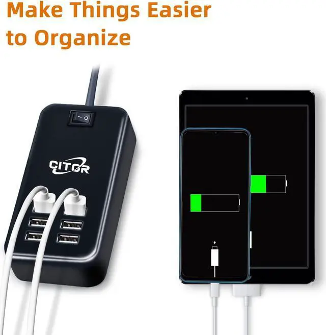 Alt view image 3 of 7 - Multiport USB Charger, 6 Port USB Charging Station for Multiple Devices, Phone, Tablet, Power Strip with ON/Off Switch (Black)