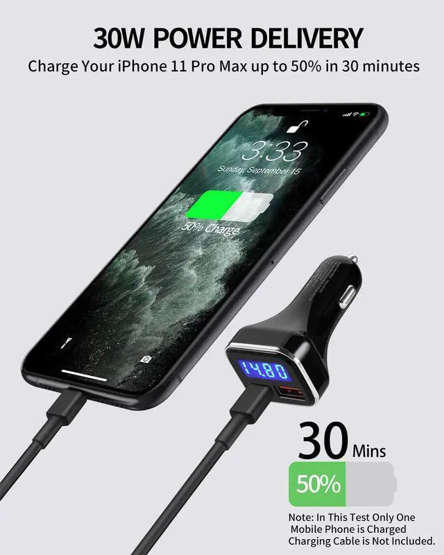 Alt view image 2 of 7 - USB C Car Charger Adapter with Voltage Display, 30W Cigarette Lighter Type C Fast Charge Power Delivery & Quick Charge 3.0 (PD & QC), Volt Meter Battery Monitor, Compatible with iPhone Galaxy