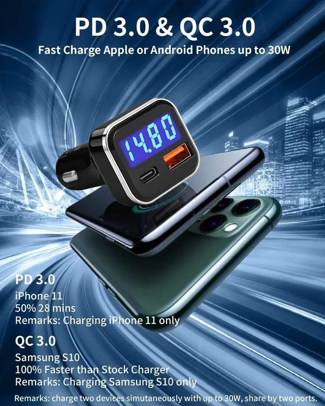 Alt view image 7 of 7 - USB C Car Charger Adapter with Voltage Display, 30W Cigarette Lighter Type C Fast Charge Power Delivery & Quick Charge 3.0 (PD & QC), Volt Meter Battery Monitor, Compatible with iPhone Galaxy