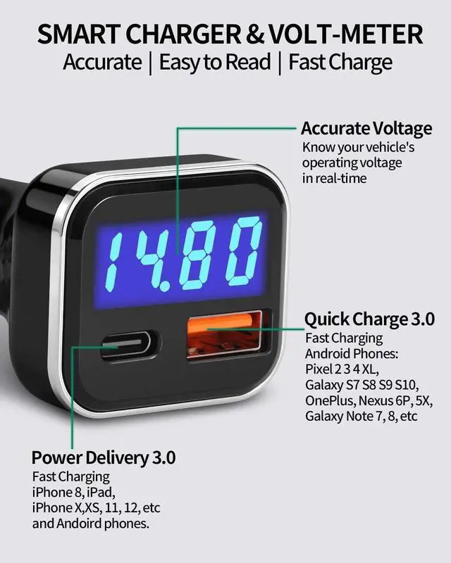 Alt view image 6 of 7 - USB C Car Charger Adapter with Voltage Display, 30W Cigarette Lighter Type C Fast Charge Power Delivery & Quick Charge 3.0 (PD & QC), Volt Meter Battery Monitor, Compatible with iPhone Galaxy