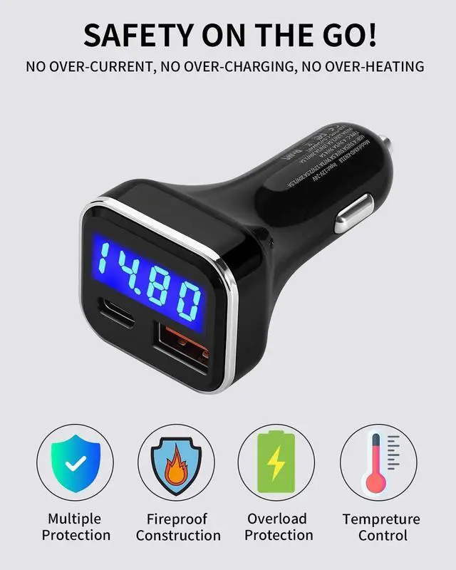 Alt view image 4 of 7 - USB C Car Charger Adapter with Voltage Display, 30W Cigarette Lighter Type C Fast Charge Power Delivery & Quick Charge 3.0 (PD & QC), Volt Meter Battery Monitor, Compatible with iPhone Galaxy