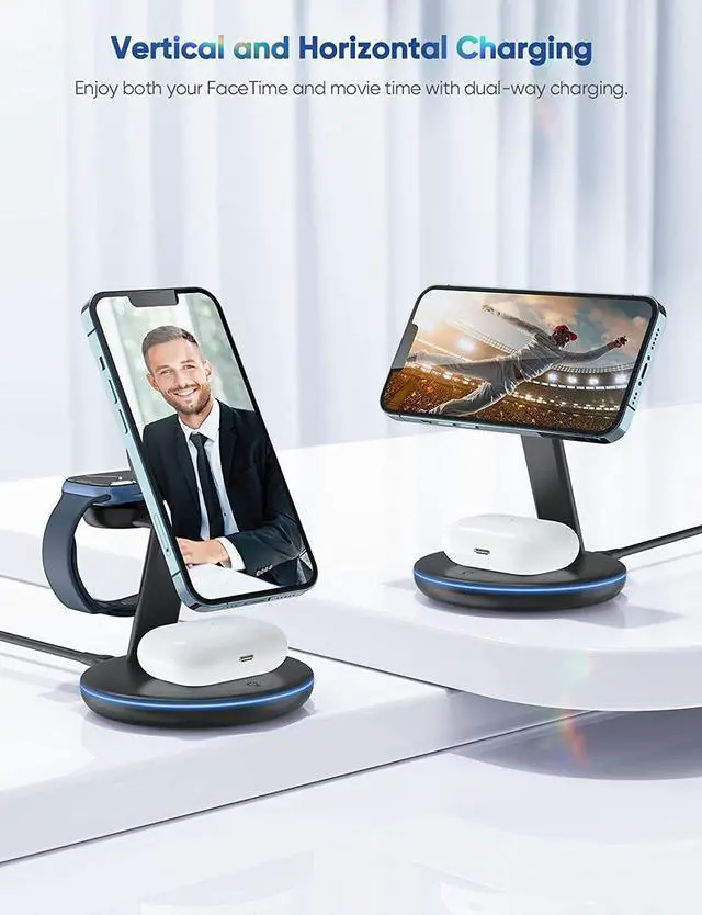 Alt view image 6 of 7 - Magnetic Wireless Charging Station for Apple Series, 3-in-1 15W Fast Mag-Safe Charger Stand with QC3.0 Adapter, for iPhone 15, 14,13,12 Pro Max/Pro/Mini/Plus, iWatch Ultra/9/8/7/6/5/4/3/2, AirPods