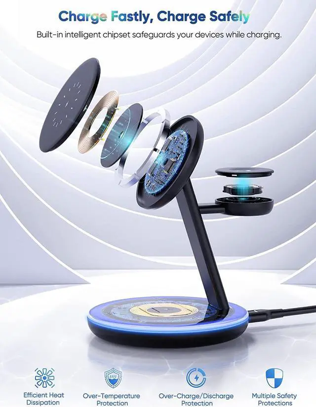 Alt view image 4 of 7 - Magnetic Wireless Charging Station for Apple Series, 3-in-1 15W Fast Mag-Safe Charger Stand with QC3.0 Adapter, for iPhone 15, 14,13,12 Pro Max/Pro/Mini/Plus, iWatch Ultra/9/8/7/6/5/4/3/2, AirPods