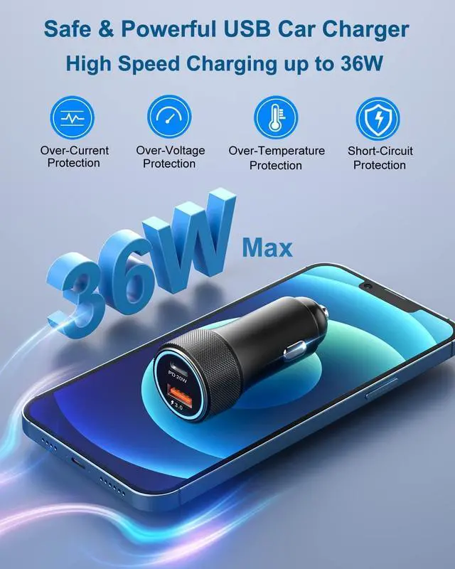 Alt view image 4 of 7 - USB C Car Charger, OKRAY 3-Pack 36W Fast Charging Dual USB Fast Car Charger PD3.0&QC3.0 Type C+Type A 12v Cigarette Lighter Adapter for iPhone 16e 16 15 14 13 12 Pro Max, Samsung Galaxy S25 A35 Note20
